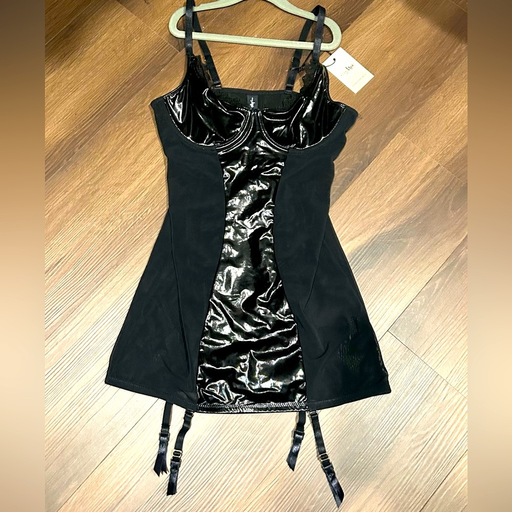 NWT Black Cami with Suspenders Pleather and Mesh